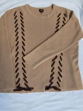 Lee Beige Ribbed Crewneck Sweater with Brown Lace-Up Accents